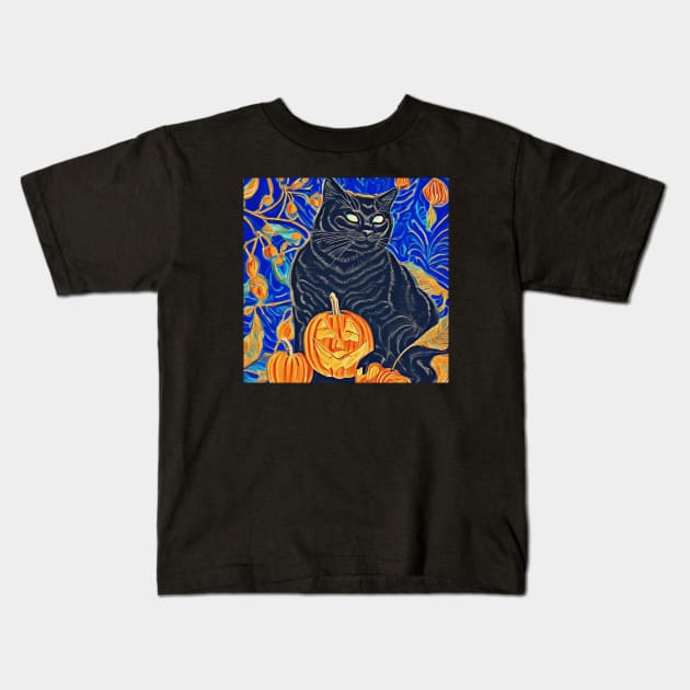 Retro Black Cat And Jack O Lantern Kids T-Shirt by Black Cat Alley